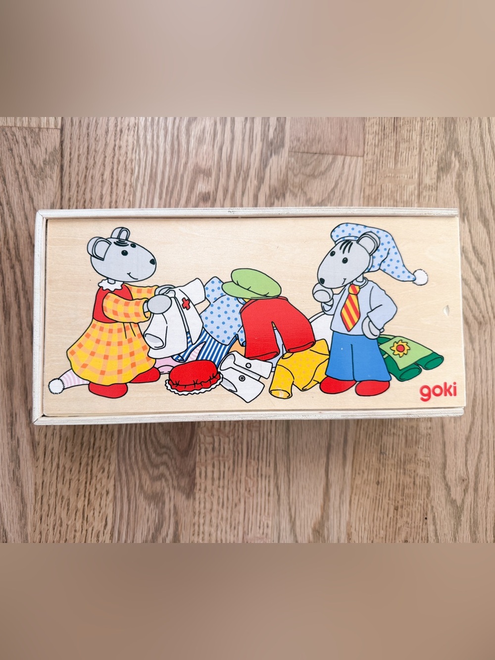 Goki Mouse Dolls + Clothing, Kids Wooden Dress-Up Puzzle - Colorful Characters